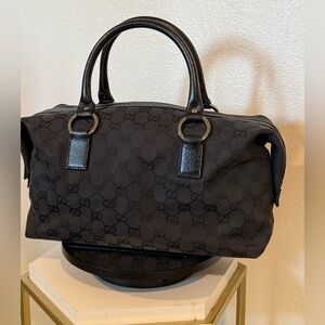 Authentic Gucci Black GG Monogram Canvas Boston Bag Handbag